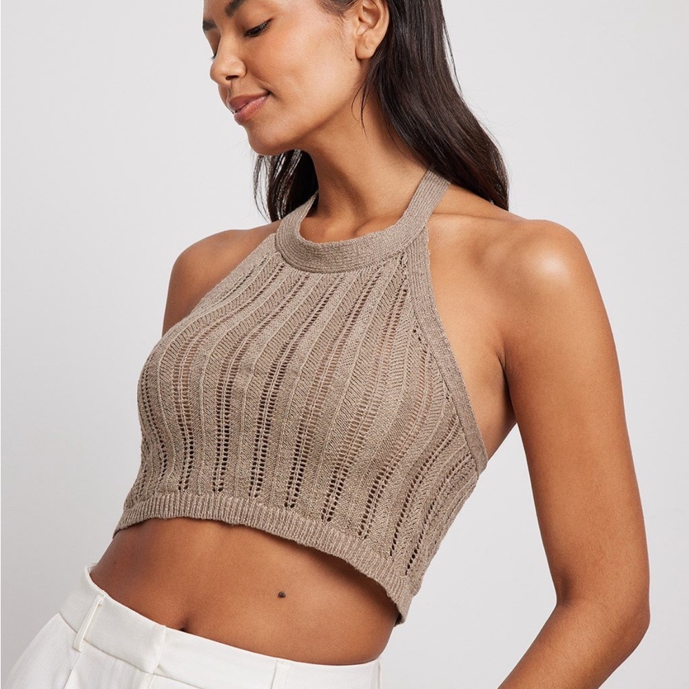 brown / taupe na-kd cropped knit halter top sparkly